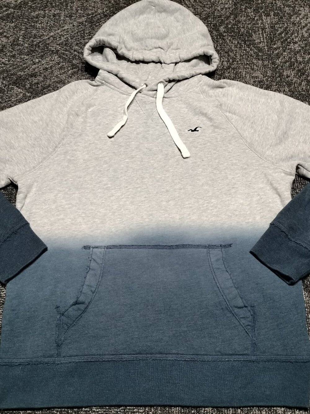 Hollister Hoodie Mens L Large Gray Blue Ombre Dip Dye Pullover Kangaroo Pocket